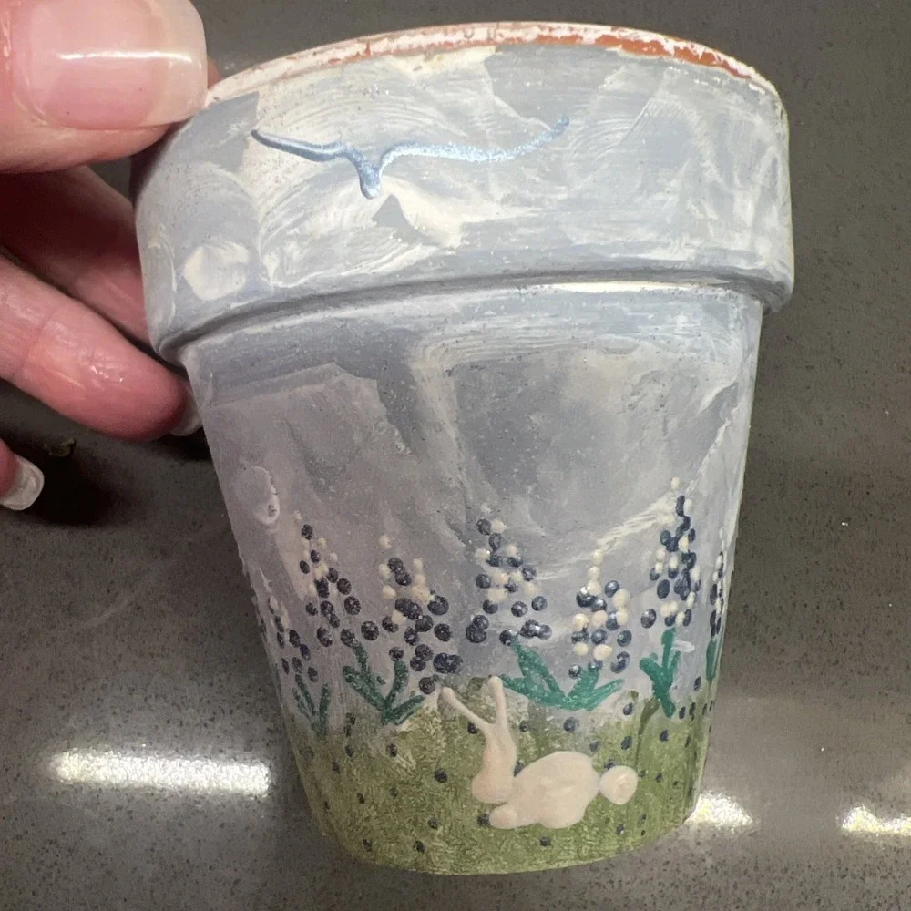 Set of 2 Small Hand Painted Plant Flower Pots With Bunnies